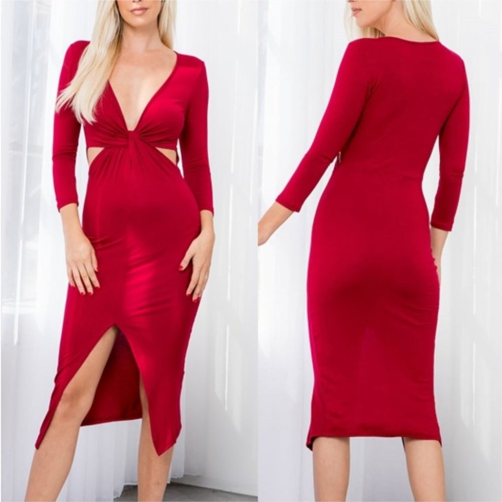 SEXY CUT OUT WAIST RED BODYCON MIDI DRESS - Picture 2 of 4